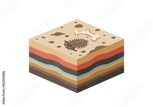 Isometric block of earth showing geological layers and paleontology fossils like a trilobite and bones on the surface.