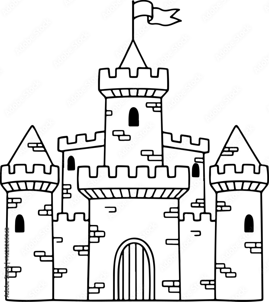 Fototapeta premium Vector art of black and white drawing of a medieval castle isolated on white background