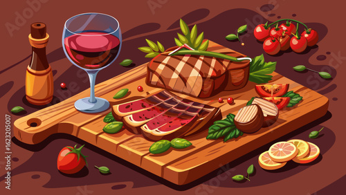 A mouthwatering steak and wine pairing scene, featuring a grilled sirloin steak, sliced and arranged on a rustic wooden board. A deep red wine glass sits beside it, with roasted  white  background