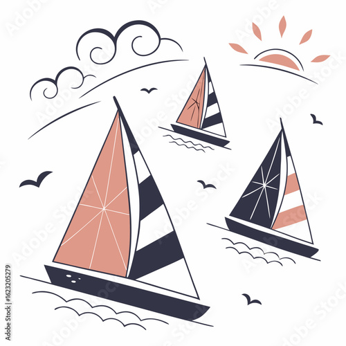 Three sailboats with striped sails glide across the water under a stylized sun and clouds