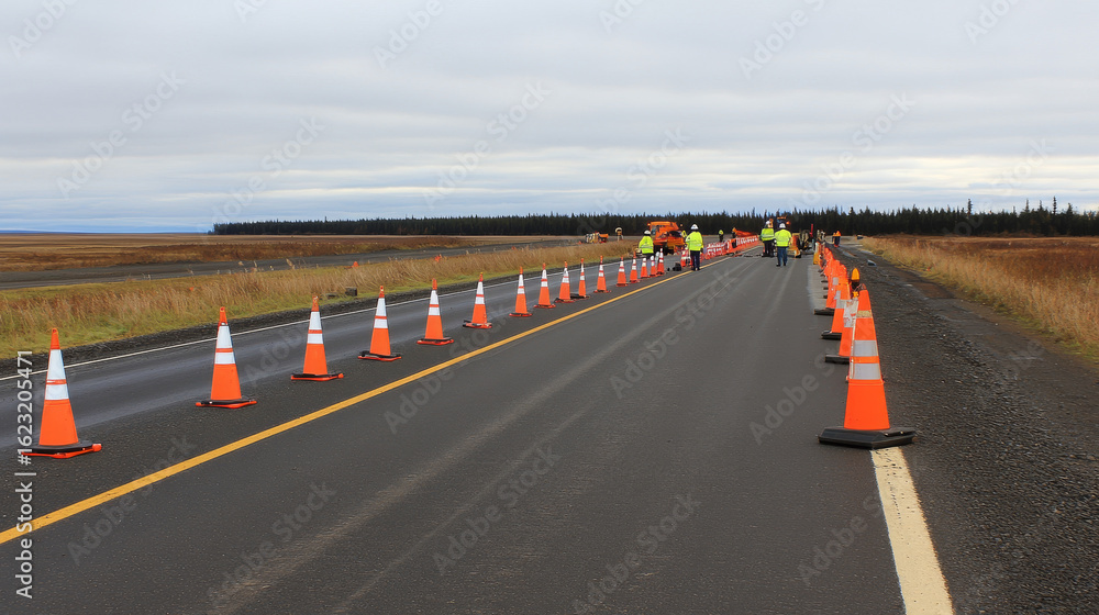 Fototapeta premium Road construction scene with workers and safety cones. Maintenance crew performs work on highway in rural area.