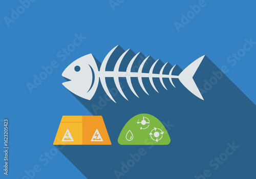 A conceptual illustration of water pollution's impact, featuring a fish skeleton above toxic waste and contaminated land icons.