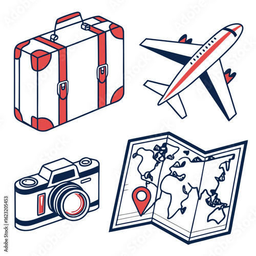 Vintage suitcase airplane camera and world map with red pin for travel and adventure concepts