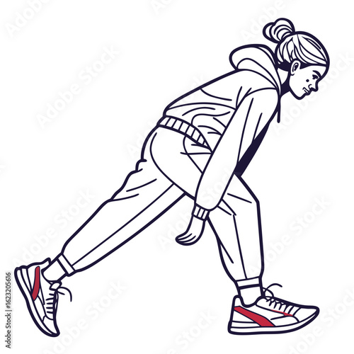 Young woman in athletic wear performing a lunge stretch to warm up her muscles before exercise