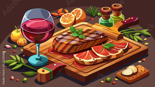 A mouthwatering steak and wine pairing scene, featuring a grilled sirloin steak, sliced and arranged on a rustic wooden board. A deep red wine glass sits beside it, with roasted  white  background