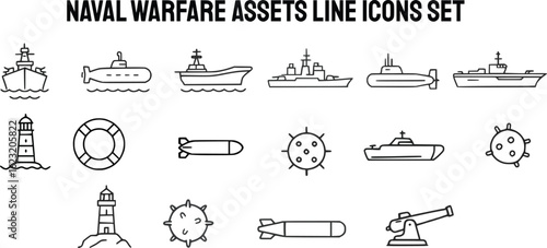 set icons set of naval warships, submarines, aircraft carriers, torpedoes, naval mines, lighthouses, ship wheels, artillery arranged representing maritime defense, navy operations, military technology