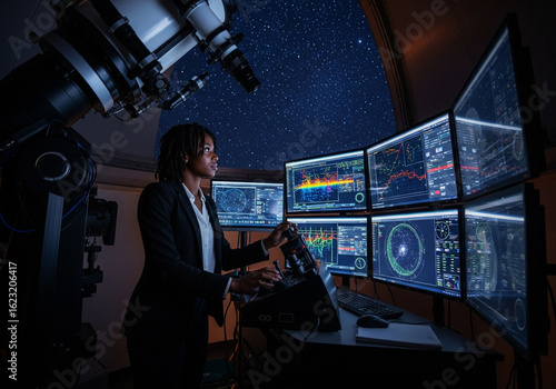 Woman scientist using computers in observatory at night
