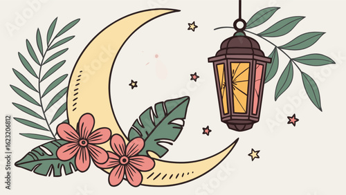 Illustration featuring a crescent moon, flowers, leaves, lantern, and stars in a whimsical style