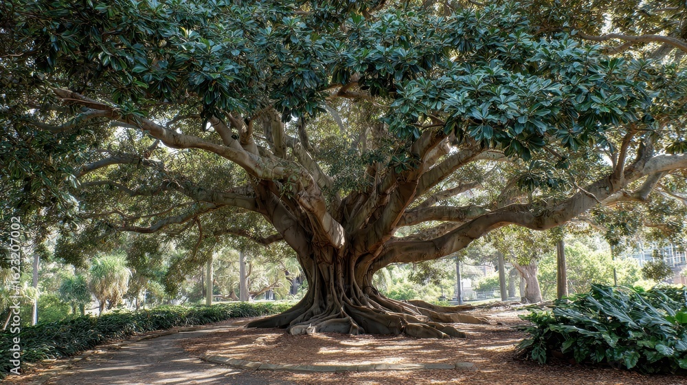 Naklejka premium Lush Ficus Tree in Sydney Botanical Gardens: A Thriving Moreton Bay Tree Surrounded by Nature's Beauty in Australia