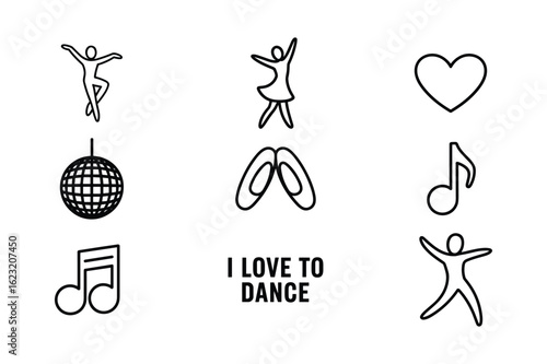 Dancing figures heart disco ball ballet shoes musical notes and text vector