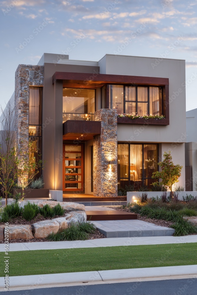 Fototapeta premium Modern home with stone accents and large windows