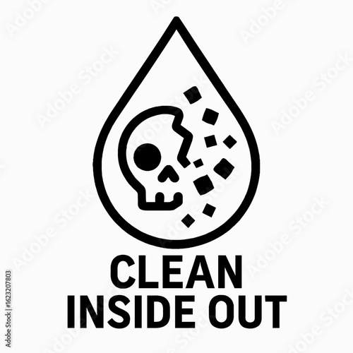 A striking black and white icon powerfully illustrates internal purification, showing a skull dissolving within a water drop, symbolizing complete detoxification and wellness.