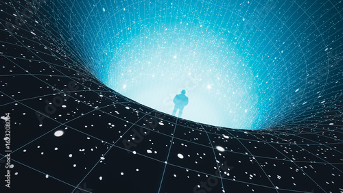 Silhouette of a man observing a black hole in the vast cosmos