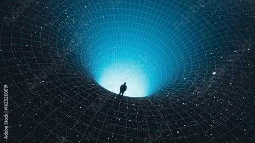 Silhouette of a man observing a black hole in the vast cosmos