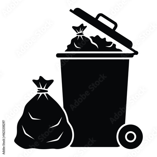 Art of black silhouette of a trash bin overflowing with garbage bags, isolated on white background