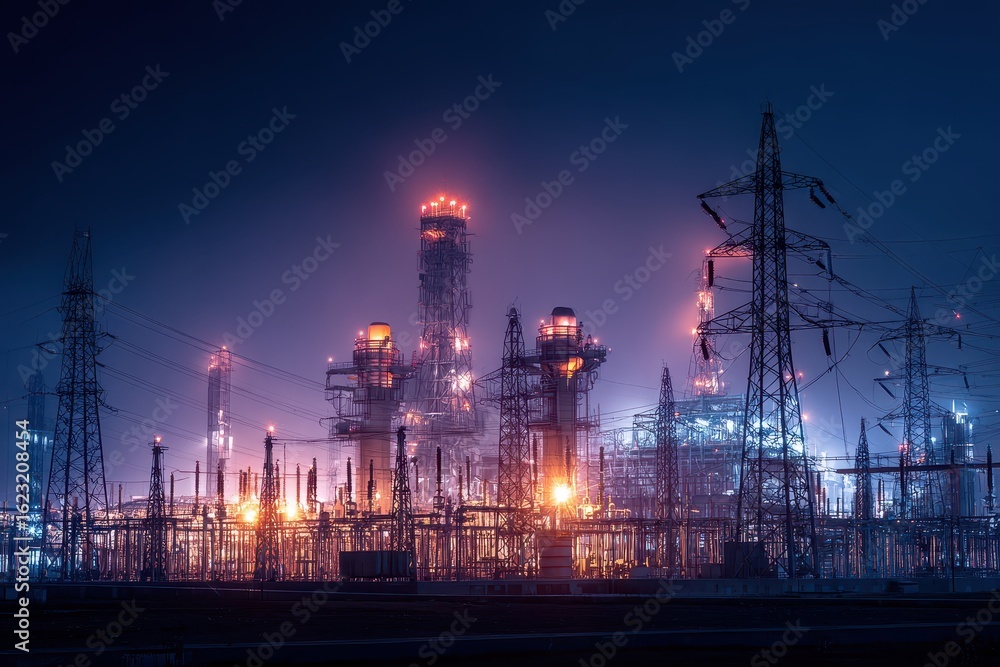 Fototapeta premium Night industrial plant energy production, power grid