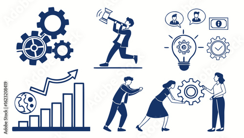 Business process and strategy illustration with gears, growth chart, and people collaborating together