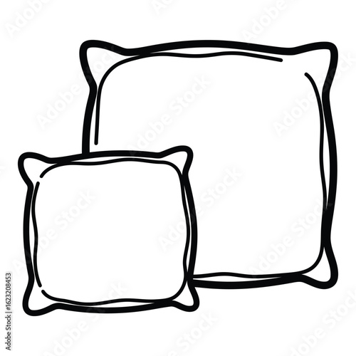 Art of handdrawn outline of two pillows, one large and one small, isolated on a white background, representing comfort and home decor