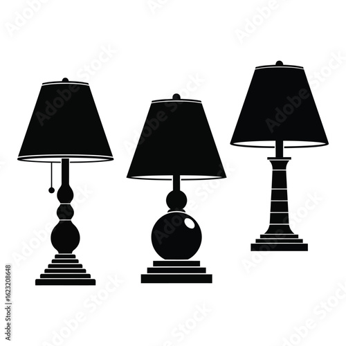 Art of three black table lamps with different bases and shades, isolated on white background