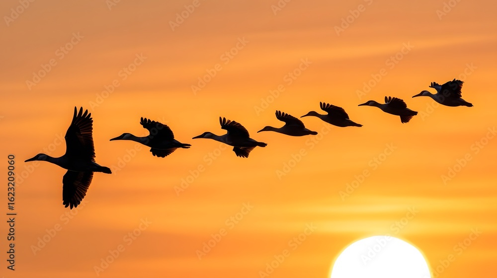 Fototapeta premium Silhouette Birds Flying Sunset Landscape