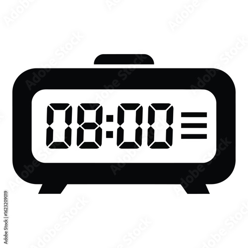 Art of digital alarm clock displaying 0800, isolated on white background