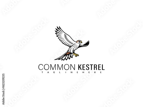 Refined black and white vector of a perched kestrel facing left, created in minimalist style for classic logos, book covers, and stylish wildlife-themed design resources.

