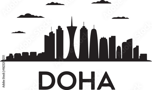 Black Silhouette of Doha Skyline with Aspire Tower and Modern Skyline Cluster