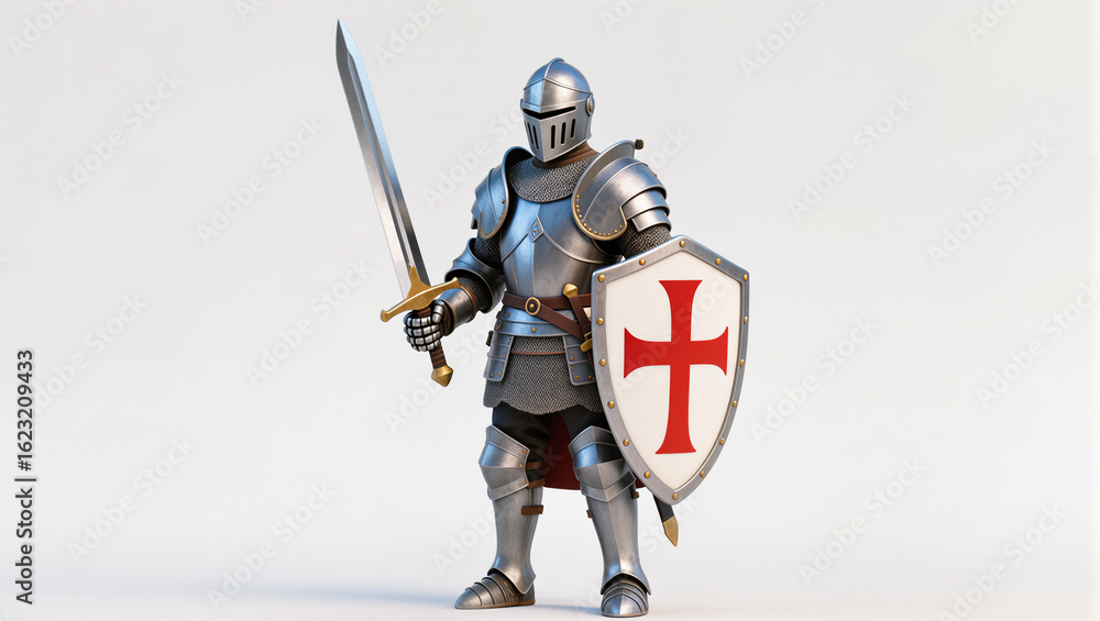 Fototapeta premium Templar knight with sword and shield on white background
