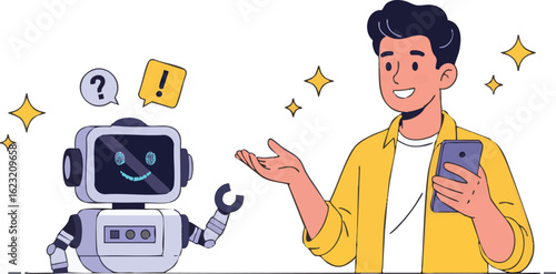 A smiling young man holding a smartphone interacts with a friendly AI chatbot robot with a brain icon on its screen.