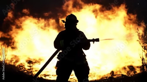 Firefighter battling a blaze at night