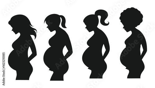 Pregnancy stages with silhouettes of expectant mothers on white background