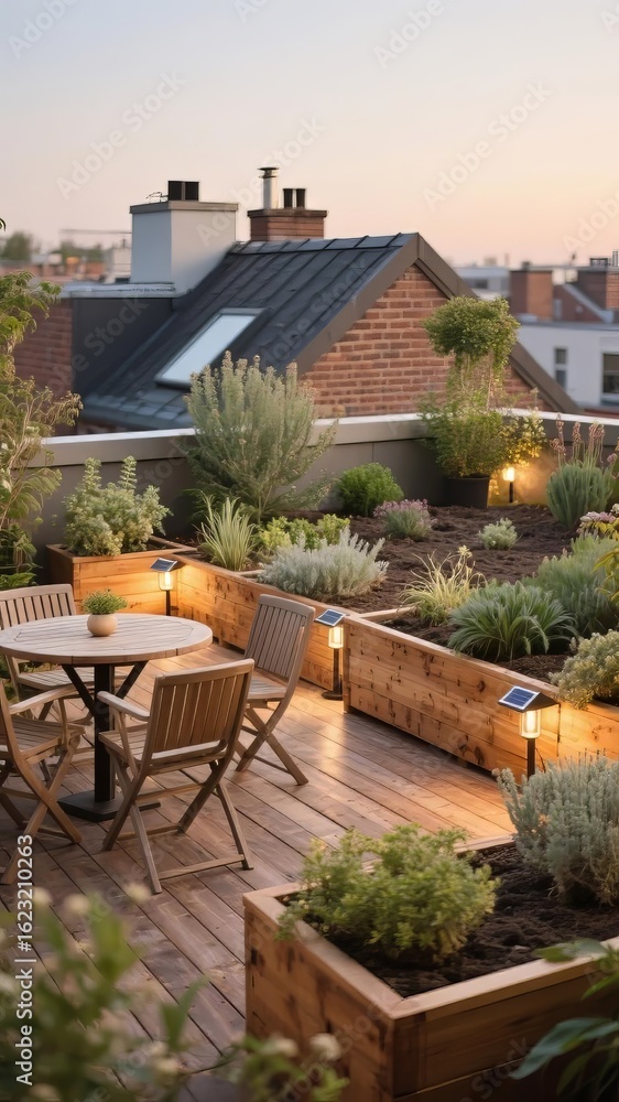 Fototapeta premium Roof Garden with Wooden Deck and Planters at Sunset