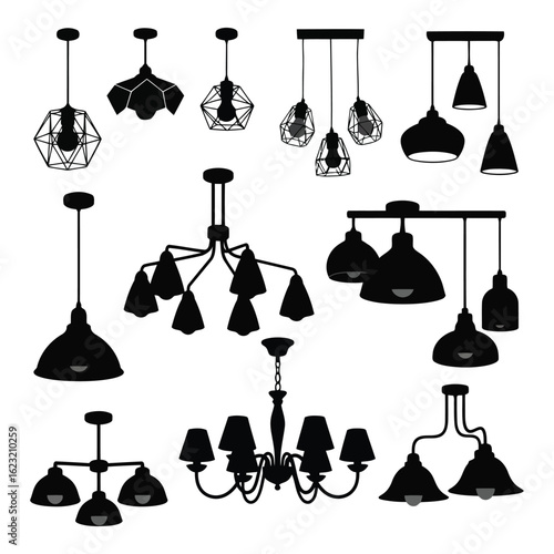 Art of collection of diverse ceiling light fixtures and pendant lamps, isolated on white background