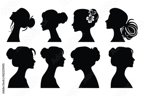 Female Head Silhouettes with Elegant Hairstyles on a White Background