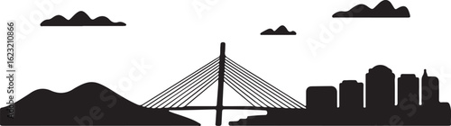 Black Silhouette of Podgorica Skyline with Millennium Bridge and Mountain Background