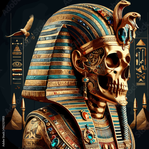 Golden pharaoh skull adorned with jewels and ancient symbols in a mystical Egyptian setting
