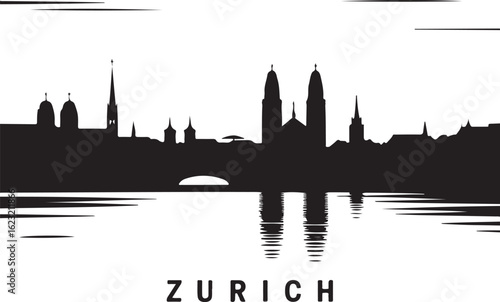 Black Silhouette of Zurich Skyline with Grossmünster and Lakefront Buildings