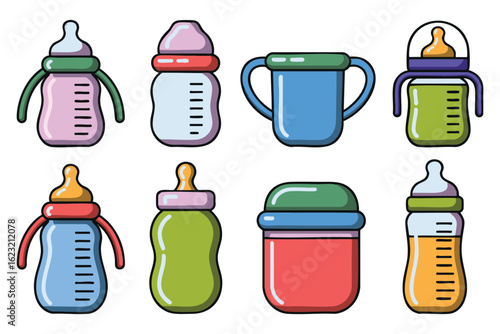 Pixel Art Baby Bottles and Sippy Cups: Colorful Illustration