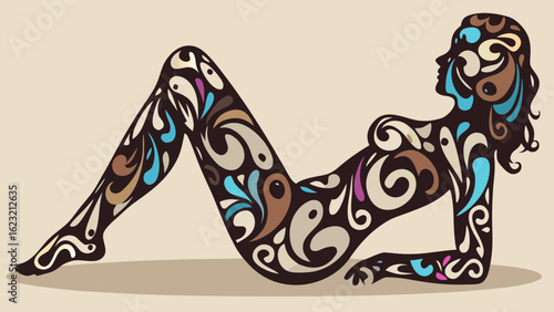 Stylized silhouette of a reclining woman with patterned fills on a light beige background art piece