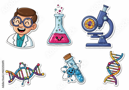 A cute set of cartoon science stickers for kids featuring a boy scientist and smiling lab equipment isolated on a white background