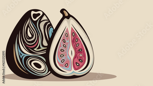 Illustration of two figs one whole with swirling pattern and one halved showing the seeds and flesh