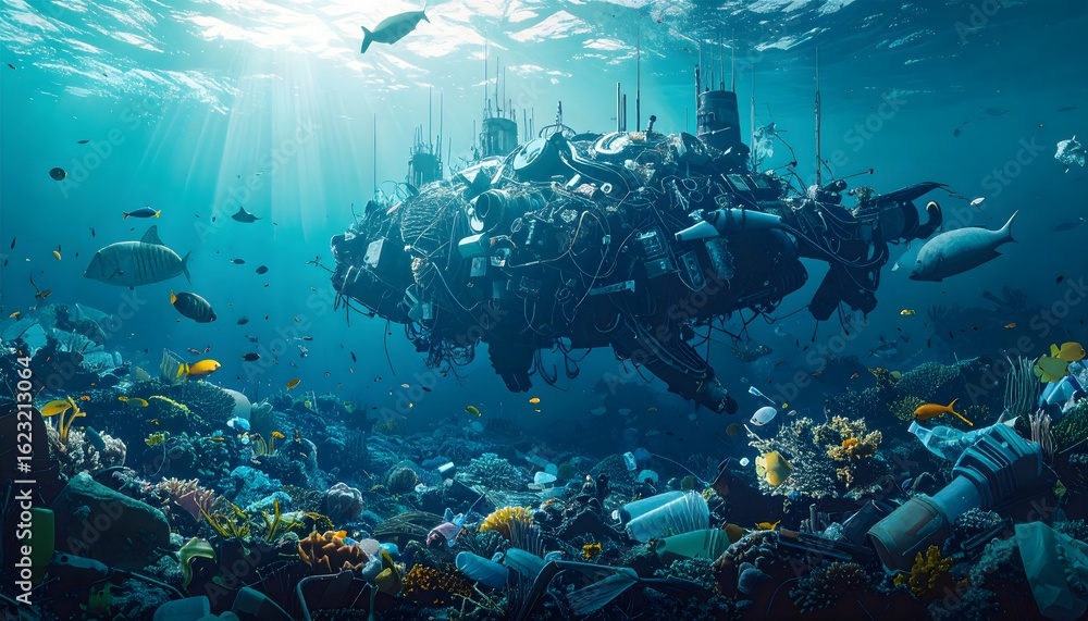Fototapeta premium An artificial sea clogged with drifting junk continents—plastics, wires, and data waste—where cyber-fish weave silently through the wreckage of a decaying techno-ecosystem.