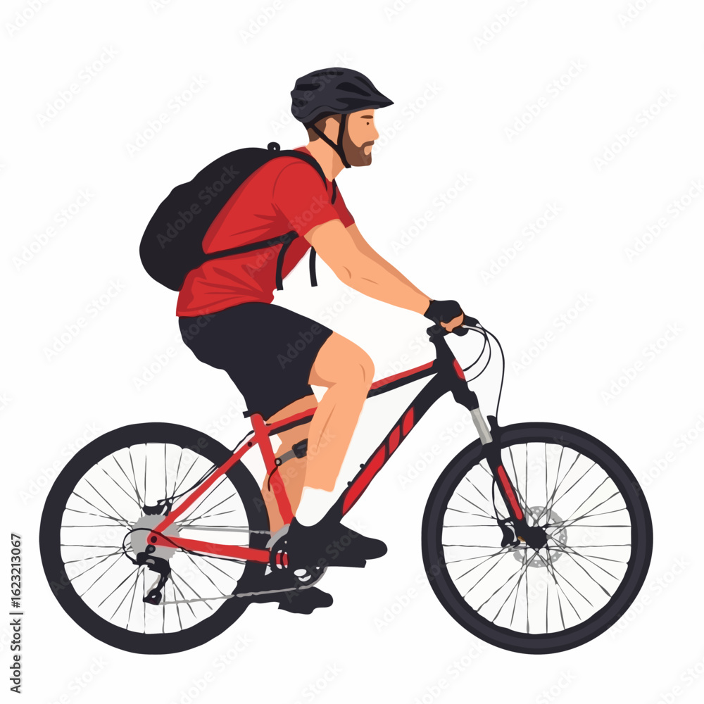 Obraz premium A vector illustration of a man in profile wearing a helmet and backpack, riding a red mountain bike, representing sports and adventure