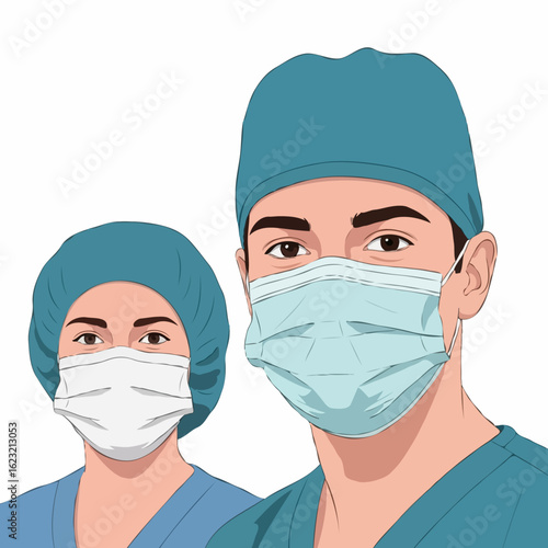 A close-up illustrated portrait of a male and female surgeon wearing protective masks and scrubs against a white background