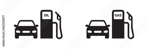Simple Black Car at Gas and Oil Pump Filling Station with Gasoline Fuel Dispenser Icons Vector.