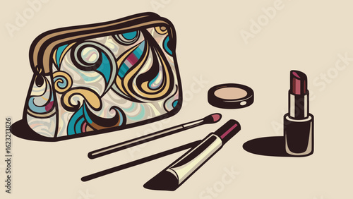 Illustration of a makeup bag with abstract pattern and various makeup products on a light background