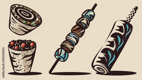 Illustration showing a kebab on a stick and two different types of wraps on a light background