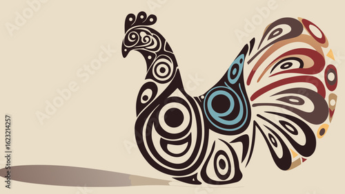 Stylized rooster with circular patterns and colorful tail feathers standing on a light background