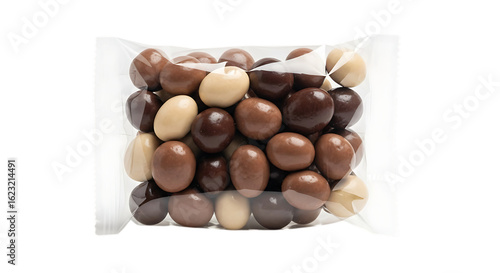 Assorted chocolate covered nuts in a clear plastic bag isolated on transparent background, showcasing a delicious mix of sweet treats and confectionery delights