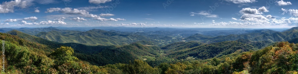 Naklejka premium Panoramic View of Blue Ridge and Appalachian Mountains from Skyline Drive Overlook in Shenandoah National Park, Virginia in Vibrant Autumn Colors